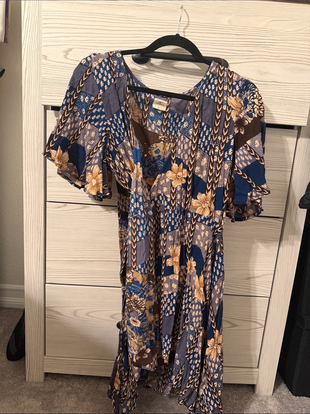 O'Neill Blue and Brown Floral Patchwork Midi Dress - tie in front